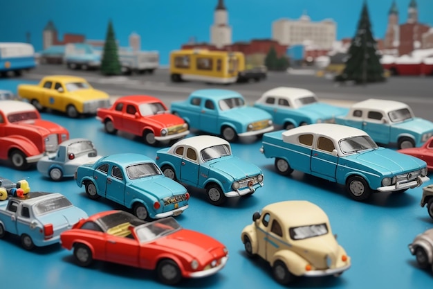 Izhevsk russia february 15 2020 small vintage retro toy cars on blue