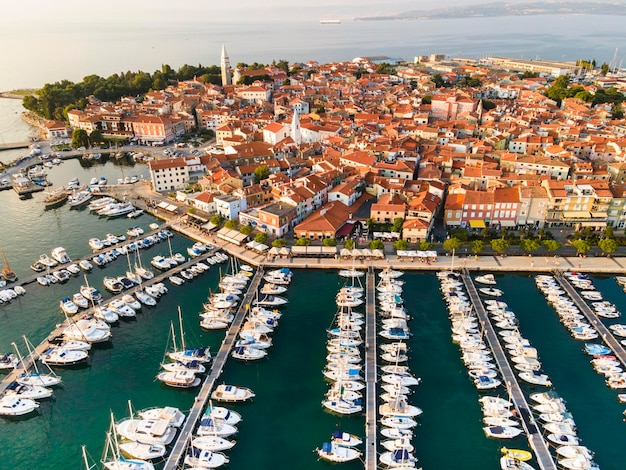 Izola Fishing Town in Slovenia Drone View at Sunset