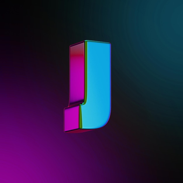J 文字ネオン色の金属 3 d レンダリングされた図青と紫の色が分離されました。 3Dイラスト