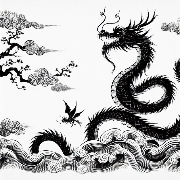 Jaar van de Draak inkt tekening Chinese Nieuwjaar achtergrond