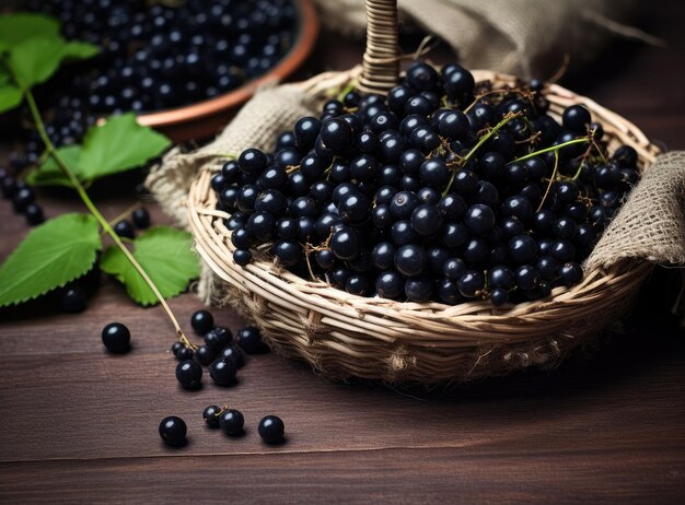 사진 jabuticaba jabuticabas는 소박한 나무 꼭대기 전망에 배열된 냄비와 바구니에 갓 수확한 것입니다.