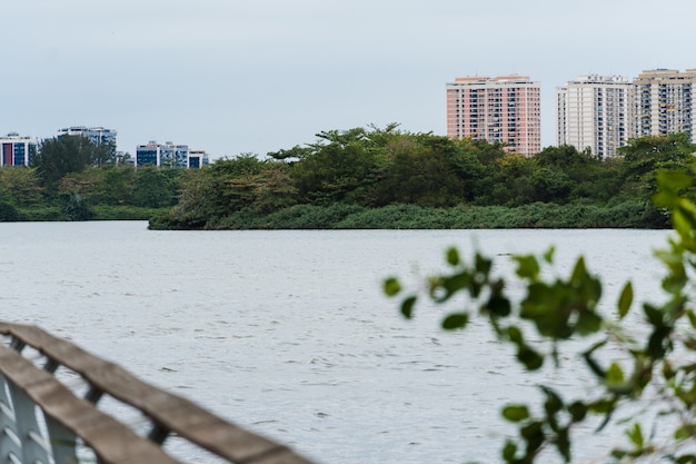 Jacarepagua-lagune in Rio de Janeiro. Bergen en gebouwen op de achtergrond. Selectieve aandacht.