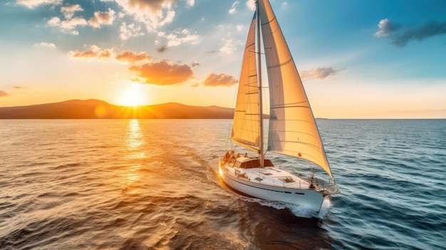 Jacht dat over de zee vaart met uitzicht op de zonsondergang