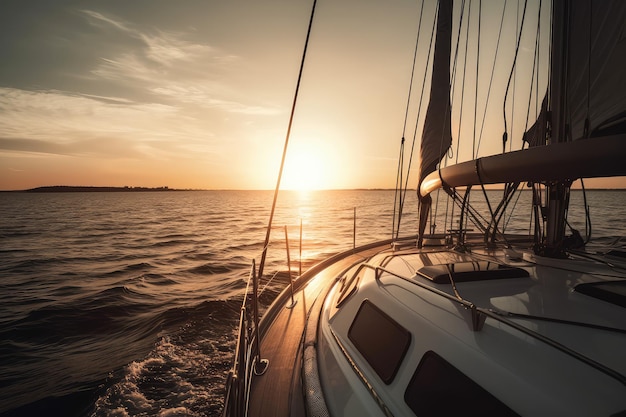 Jacht zeilen in een open zee bij zonsondergang Close-up weergave