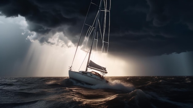 Jacht zeilen in een storm met gegenereerde bliksem AI