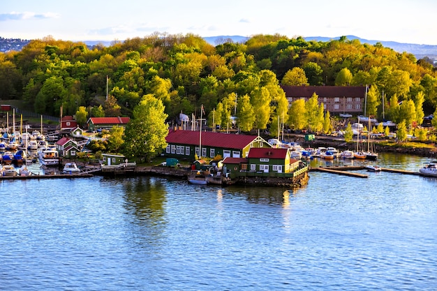 Jachthaven met boten en gebouwen in de haven, Noorwegen