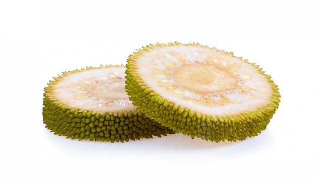 Jack fruits slices on white wall.