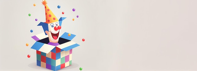 Jack in the Box met confetti nar hoed April fool day concept met box surprise Banner 3D illustratie met een kopie van de plek voor de tekst