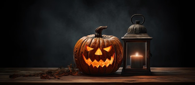 Jack lantern on the table Halloween night Burning candles Halloween background