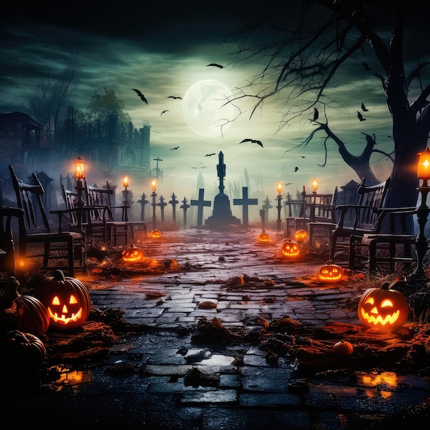 Jack lanterns glowing in the moonlight in a creepy Halloween night scene Halloween Landscape Table And Cemetery on A Creepy Night Generative AI