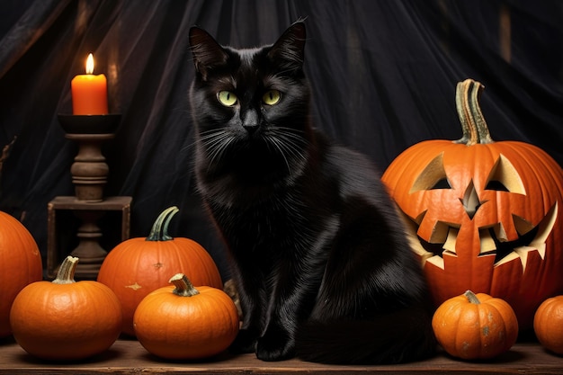 jack o lantaarn halloween pompoenen en zwarte kat