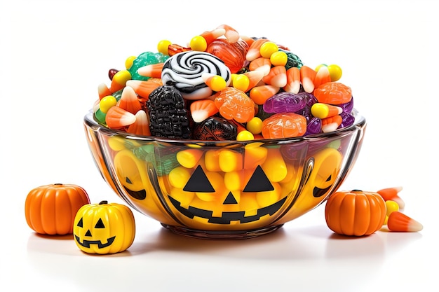 Jack o Lantern candy bowls filled with assorted candy on a white background