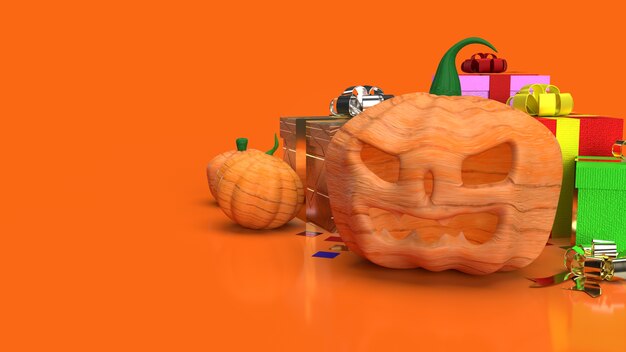 ハロウィーンのコンテンツの3Dレンダリングのためのオレンジ色の背景にジャックoランタンとギフトボックス