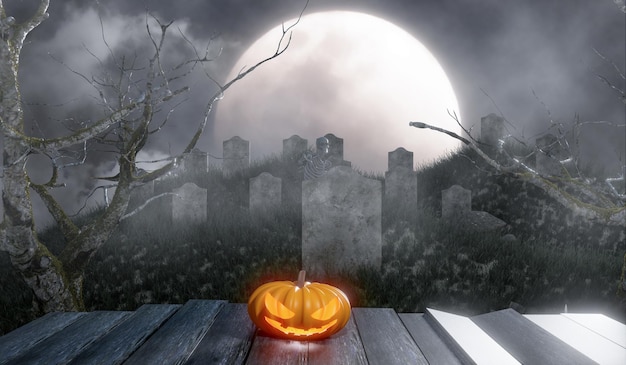 Jack o Lantern at grave in full moon night