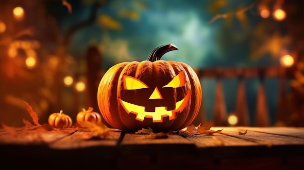 Jack o lantern Halloween symbol background Pumpkins on wooden board Generative ai