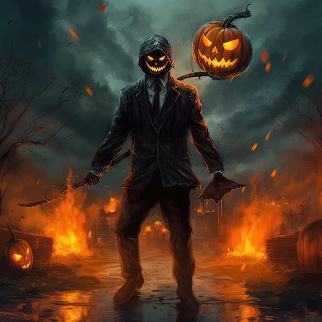 Jack o Lantern Hell Soldier Blow Up Fire Battle War Scene Generatieve Ai