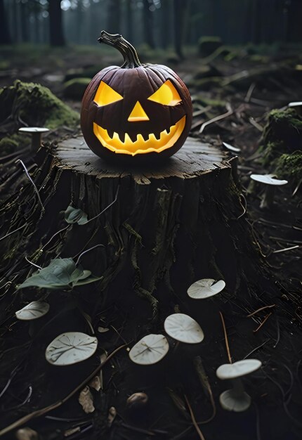 Jack O'lantern lit on a tree stump