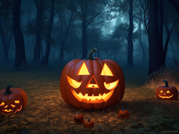 Jack O' Lantern of Halloween-pompoen in het griezelige donkere bos 3D-rendering