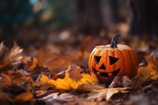 Jack o Lantern op herfst gevallen bladeren Halloween concept AI gegenereerde afbeelding