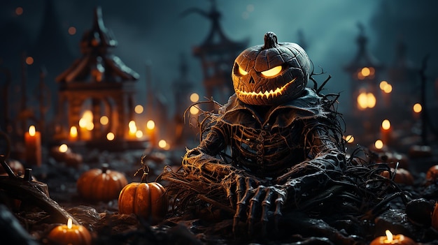 Jack O' Lantern op skeletarmen op kerkhof 's nachts Halloween met volle maan bevatten 3d