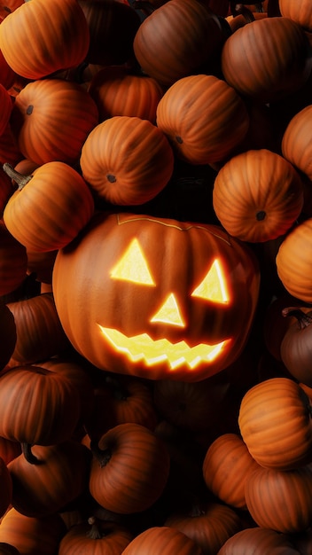 Jack o lantern on pile of pumpkins