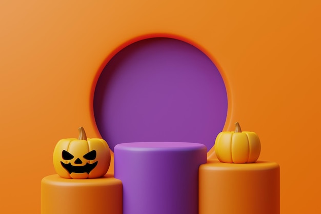 Jack o Lantern pompoen met podium voor productvertoning en vleermuizen op oranje achtergrond 3D-rendering