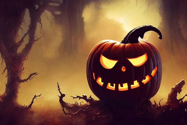 Jack-o-lantern pumpkin for Halloween set against a menacing forest