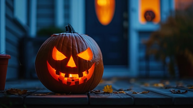 verandah에 앉아 있는 jack o lantern pumpkin