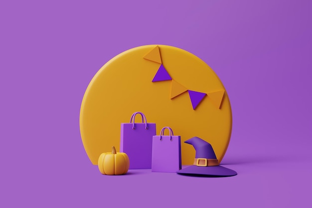 Jack o Lantern pumpkin wearing witch hat shopping bags and banner on purple background 3D render