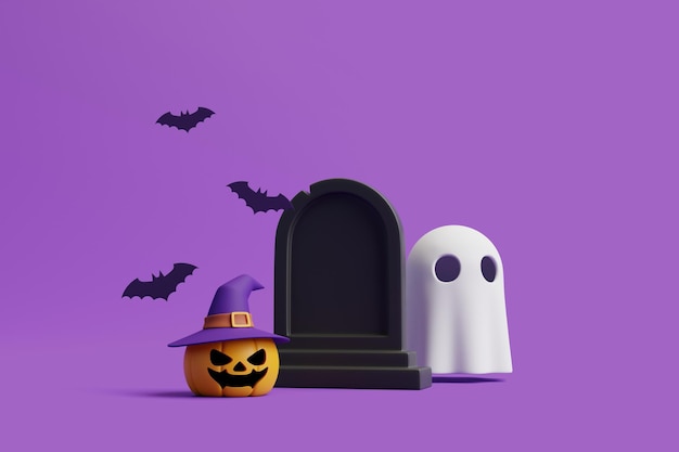 Jack o Lantern pumpkin wearing witch hat with ghost bats and grave on purple background 3D render