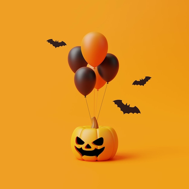 Jack o Lantern pumpkin with bats and balloons on orange background Happy Halloween concept 3D render