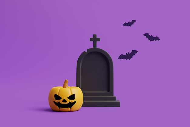 Jack o lantern pumpkin with bats and grave on purple background happy halloween concept 3d render