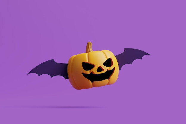 Jack o Lantern pumpkin with wings flying on purple background Happy Halloween concept 3D render