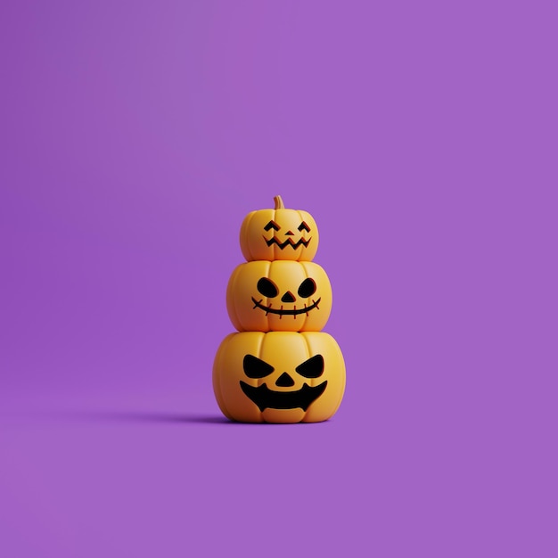 Jack o Lantern pumpkins on purple background Happy Halloween concept Traditional holiday 3D render