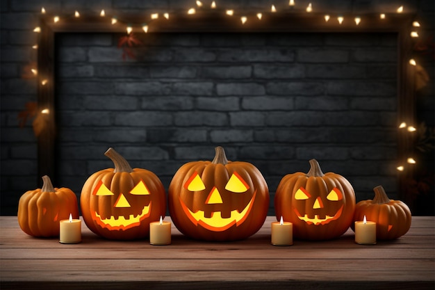 Jack o lantern pumpkins on wooden board background in 3D rendering