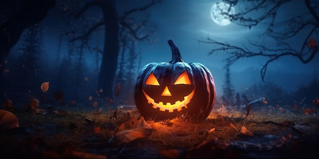 jack o lantern with neon color light on the ground againts dark sky with fullmoon in the smoky night