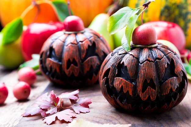 Jack-o-lantern on wooden . Autumn . Halloween.