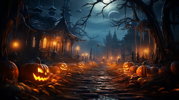 Photo jack o' lanterns glowing at moonlight in the spooky night halloween scene generative ai