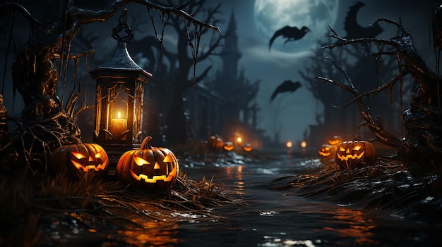 Jack O' Lanterns Glowing At Moonlight In The Spooky Night Halloween Scene