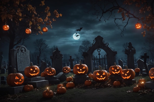 Jack O' Lanterns in Graveyard on Spooky Halloween Night