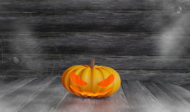 Jack o Lanterns on old wooden background and floor