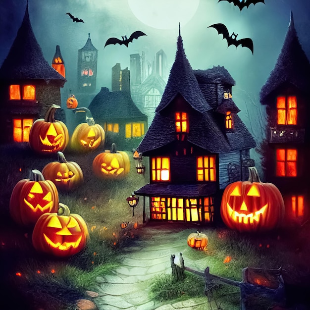 Jack O' Lanterns-pompoenen gloeien op spookachtige mysterieuze Halloween-nacht Digitale 3D-illustratie