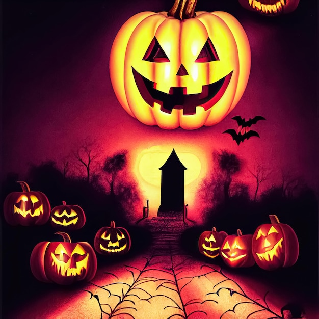 Jack O' Lanterns pumpkins glowing at spooky mysterious Halloween night Digital 3D illustration