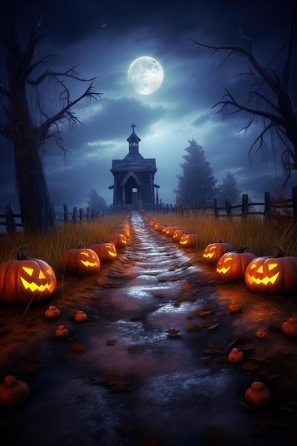 Jack o' Lanterns rond het pad naar The Spooky verlaten kerk