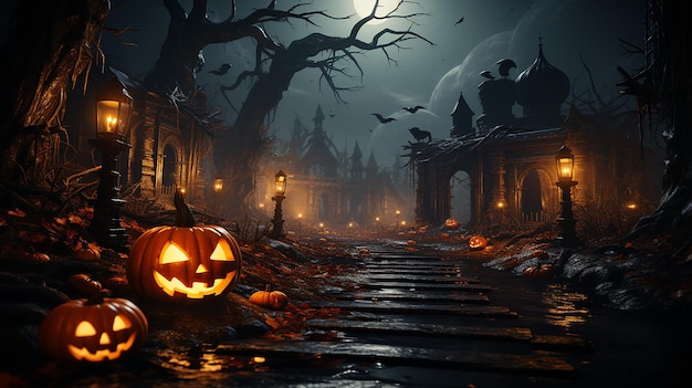 Jack O' Lanterns In Spooky Forest At Moonlight Halloween