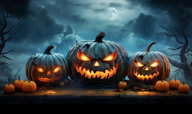 jack o lanterns on a table in front of dark clouds with blue light