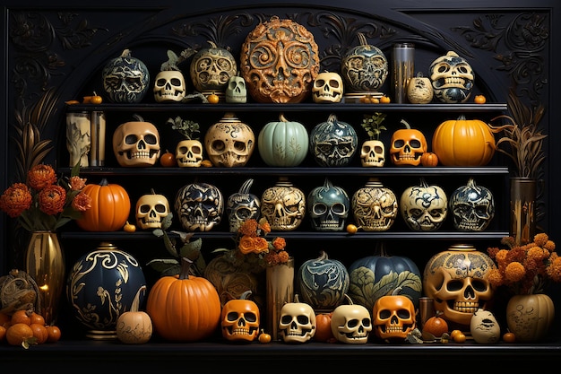 jack o'lanterns with creepy skulls in shell AI generated