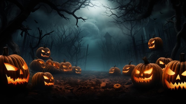 Jack O's lantern glows in the moonlight at night Pumpkins burning in forest at night in halloween