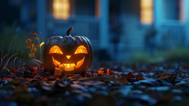 Photo jack o39 lantern glows in the moonlight in a spooky night halloween scene