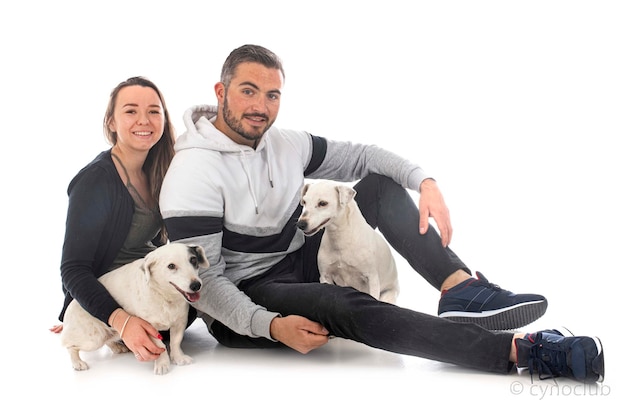 Jack russel terriers and couple in front of white background